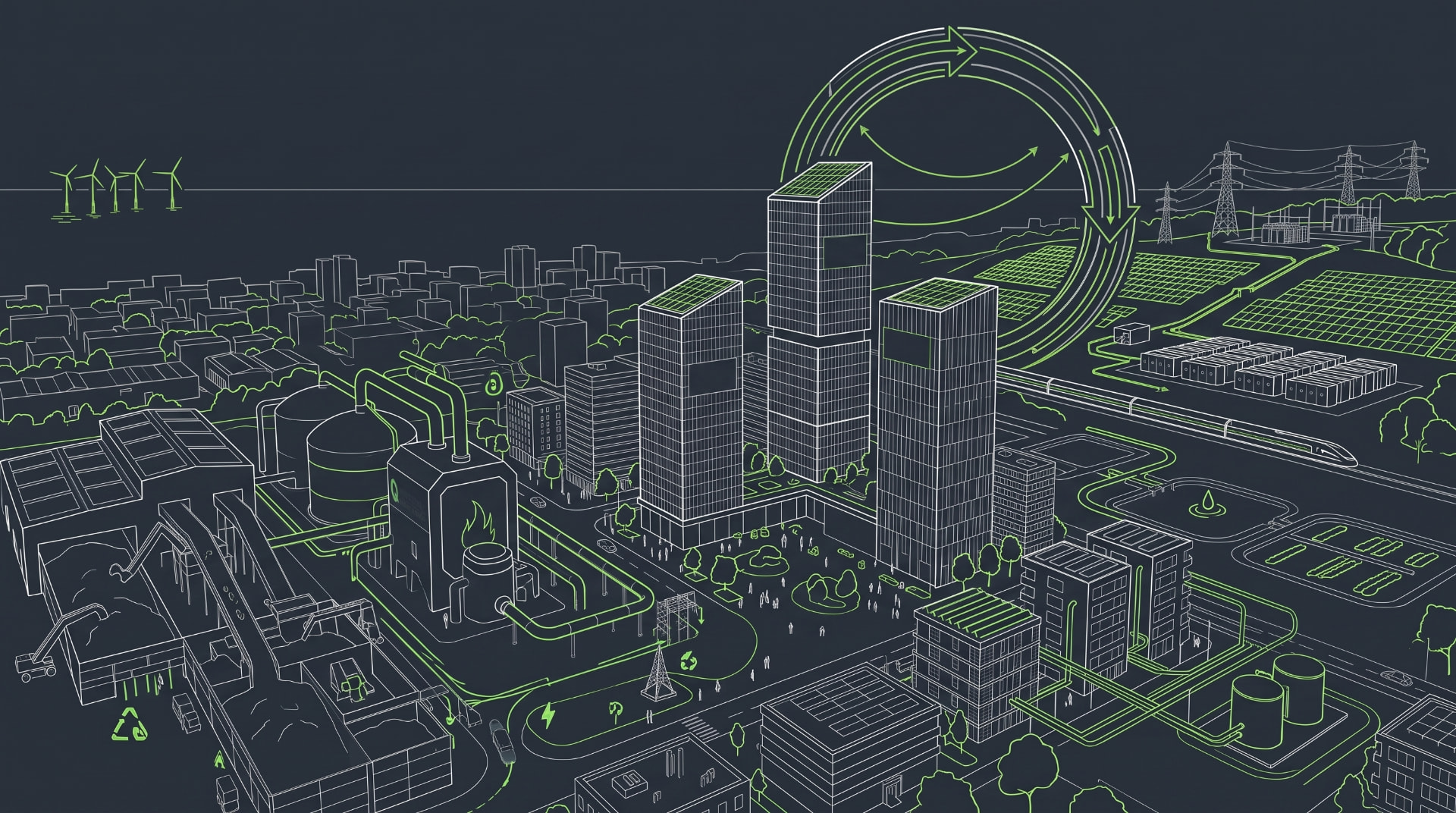 Sustainable city illustration with clean energy infrastructure