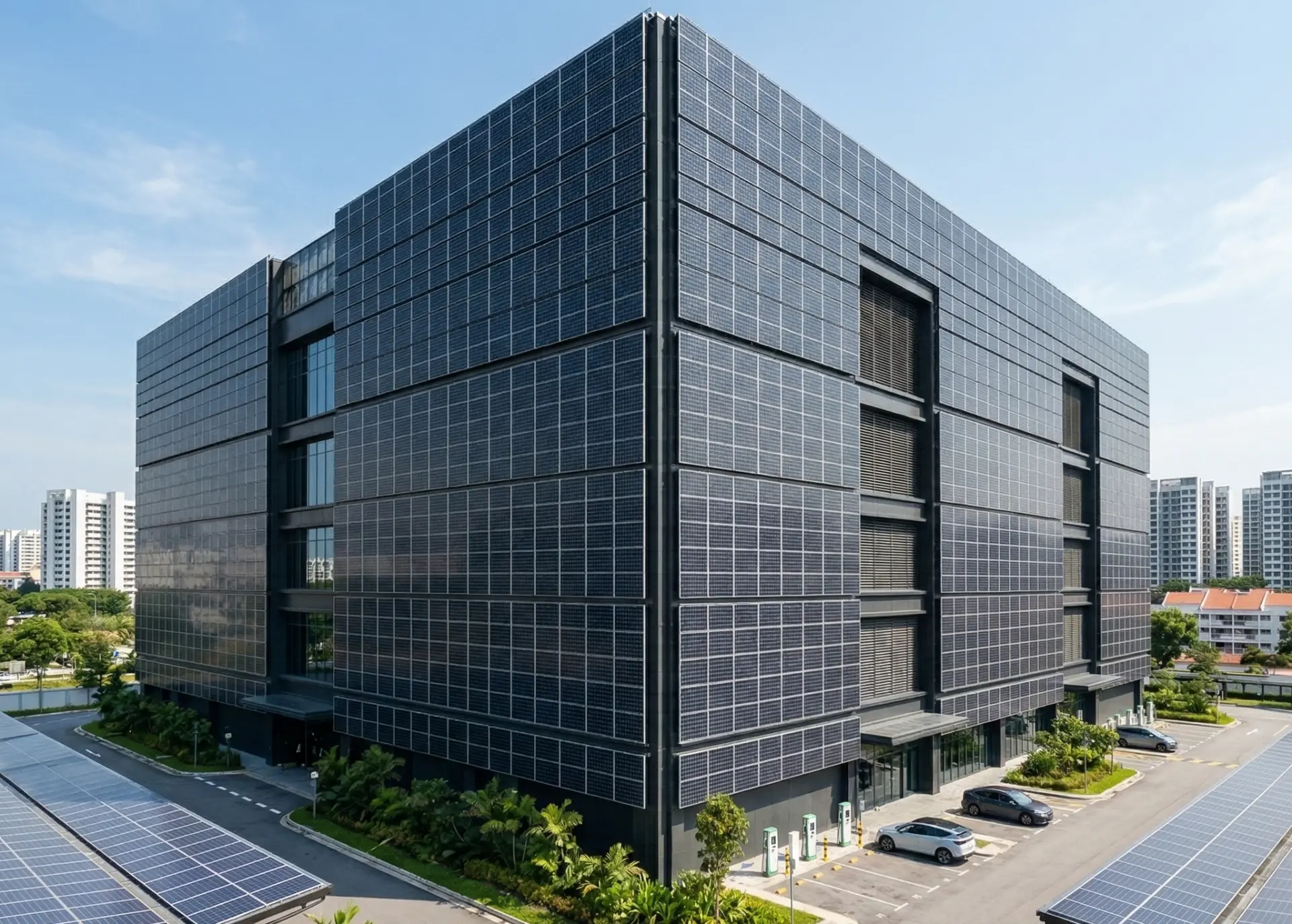 Data center building fully clad in integrated BIPV facade and solar canopy arrays