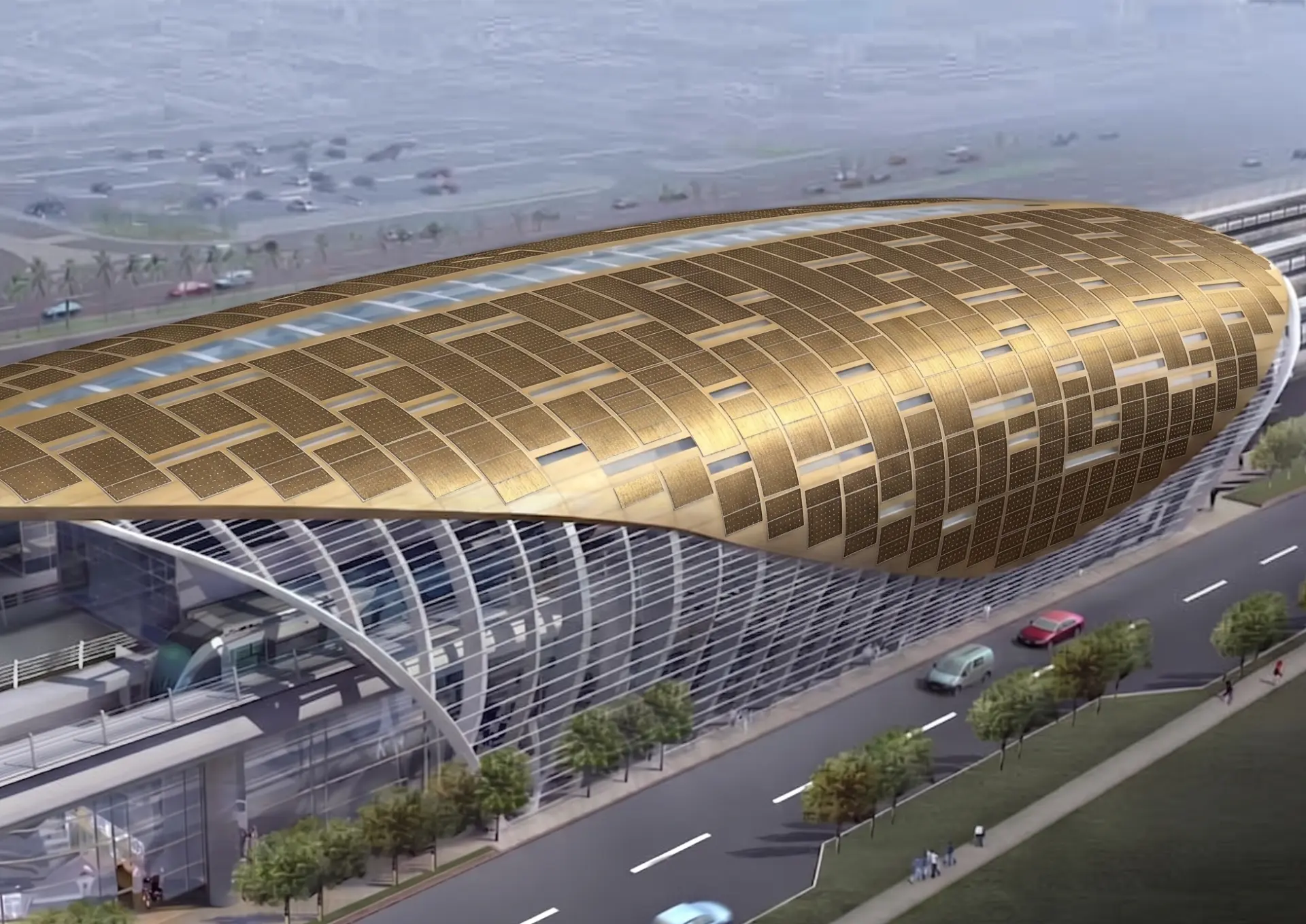 Metro station signature roofline seamlessly re-clad in architectural gold-finish Mono Flex solar modules