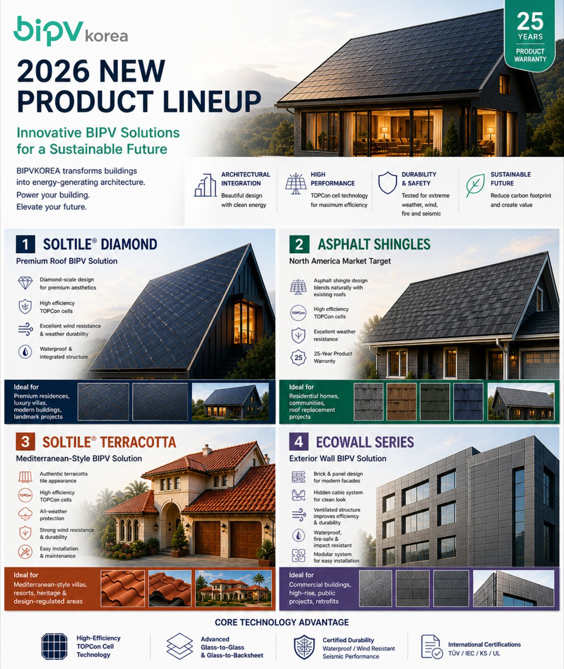 BiPV Korea 2026 residential product lineup: Soltile Diamond, Asphalt Shingles, Soltile Terracotta, and Ecowall Series